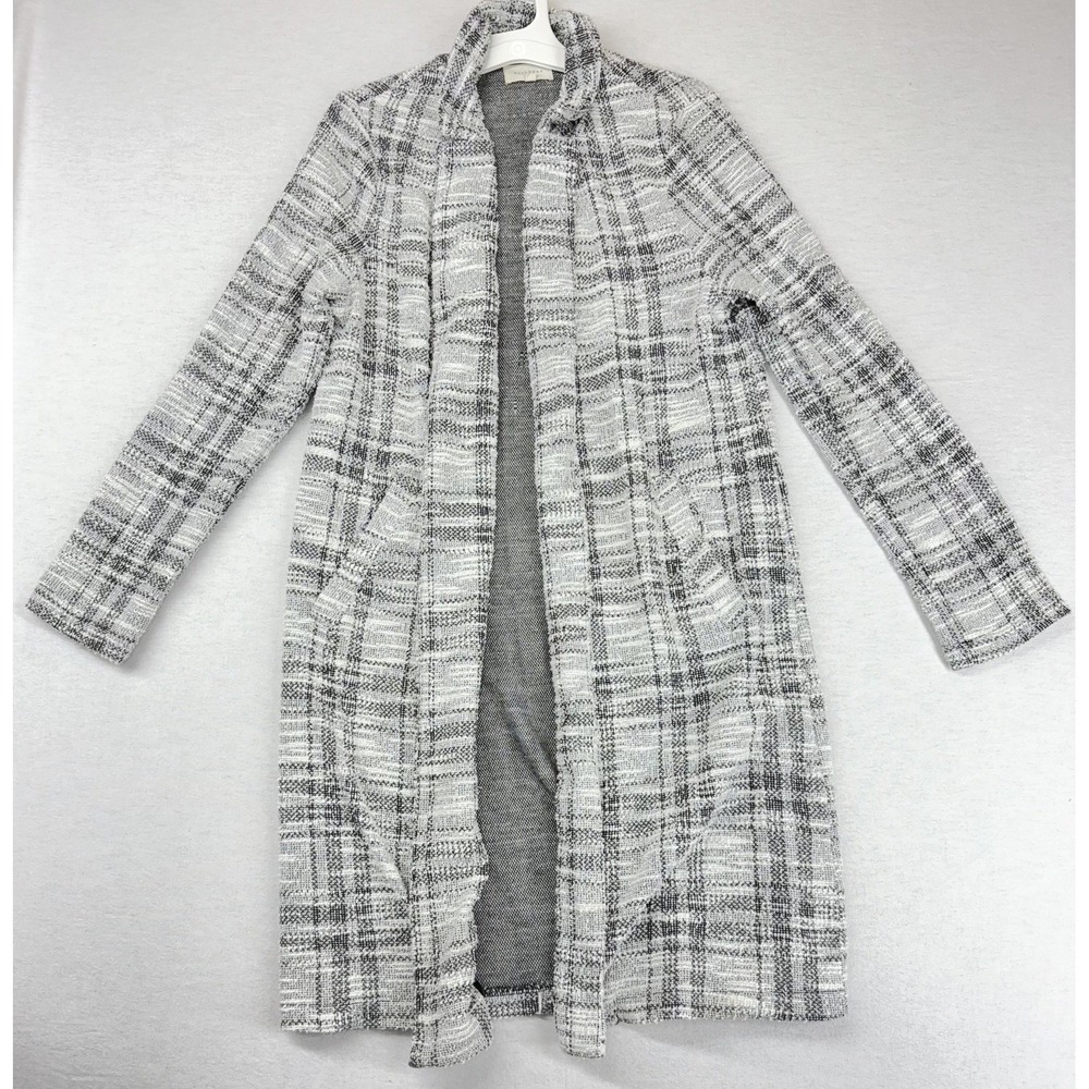 Melloday Tweed Plaid Open Front Knit Sweater Coat‎ Long Cardigan Gray S Women's